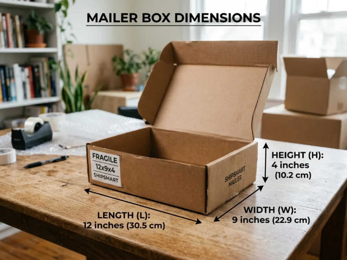 Mailer box dimensions chart with popular e-commerce sizes
