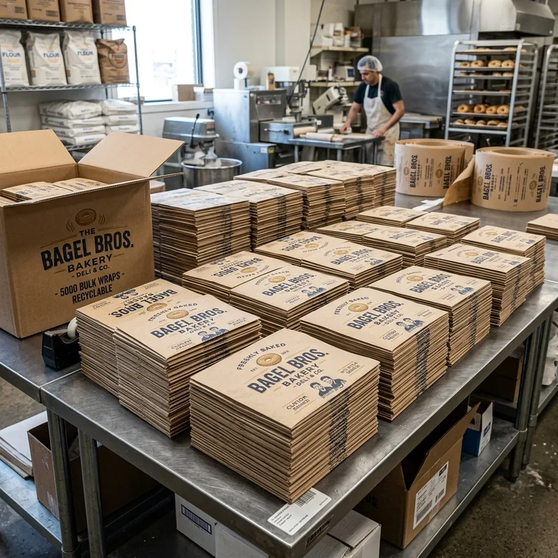 Stacks of custom printed bagel wrap sheets in different formats