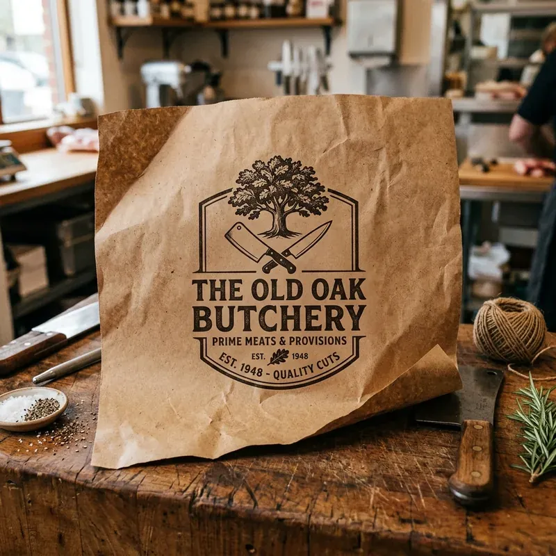 Custom butcher paper printed with a shop logo wrapping fresh meat