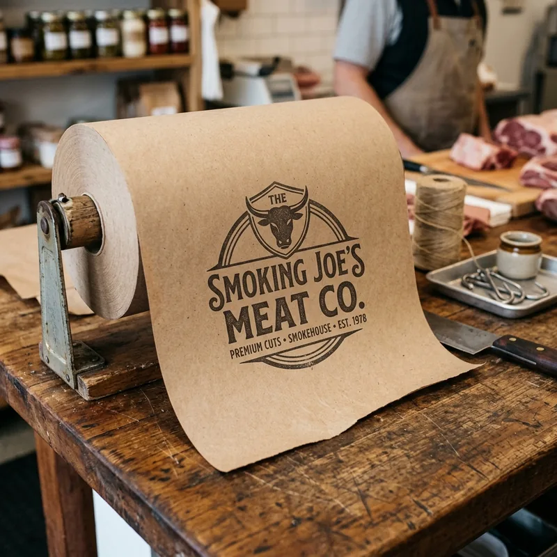Rolls of custom printed butcher paper in kraft and white