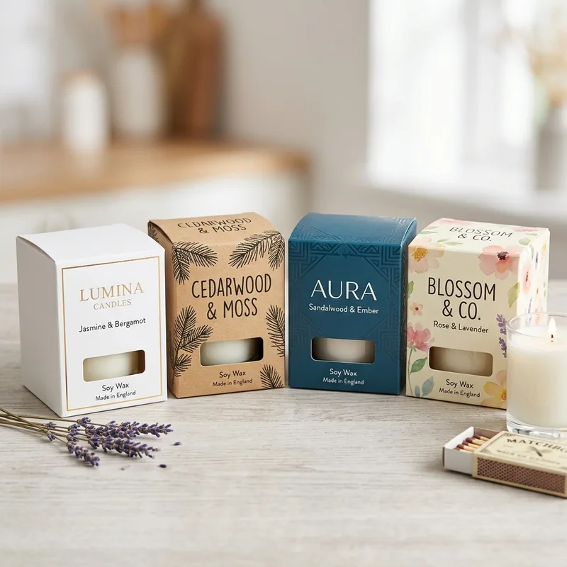 Custom printed candle boxes with branding for a home-fragrance line