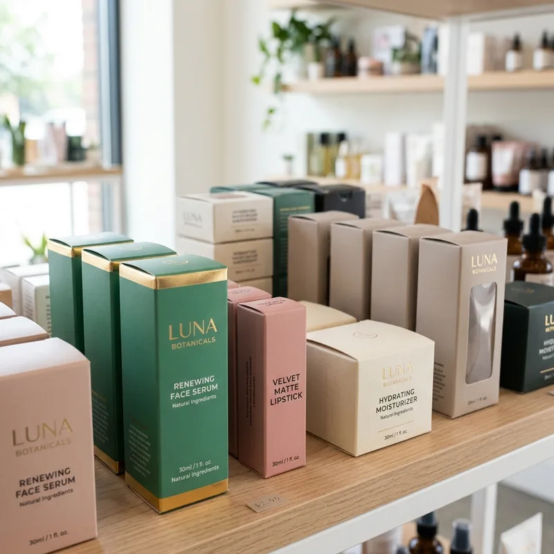 Retail-ready custom cosmetic boxes on a beauty shelf