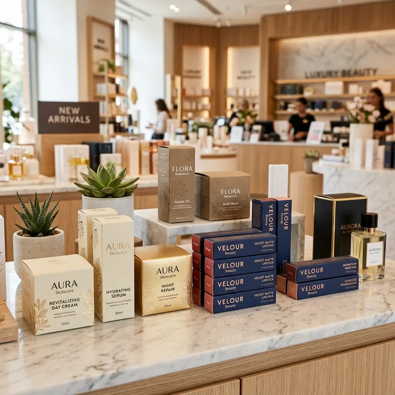 Retail-ready skincare boxes with premium finishes on a shelf