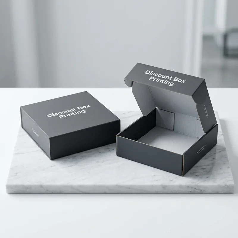 Custom printed counter display box holding branded products at checkout