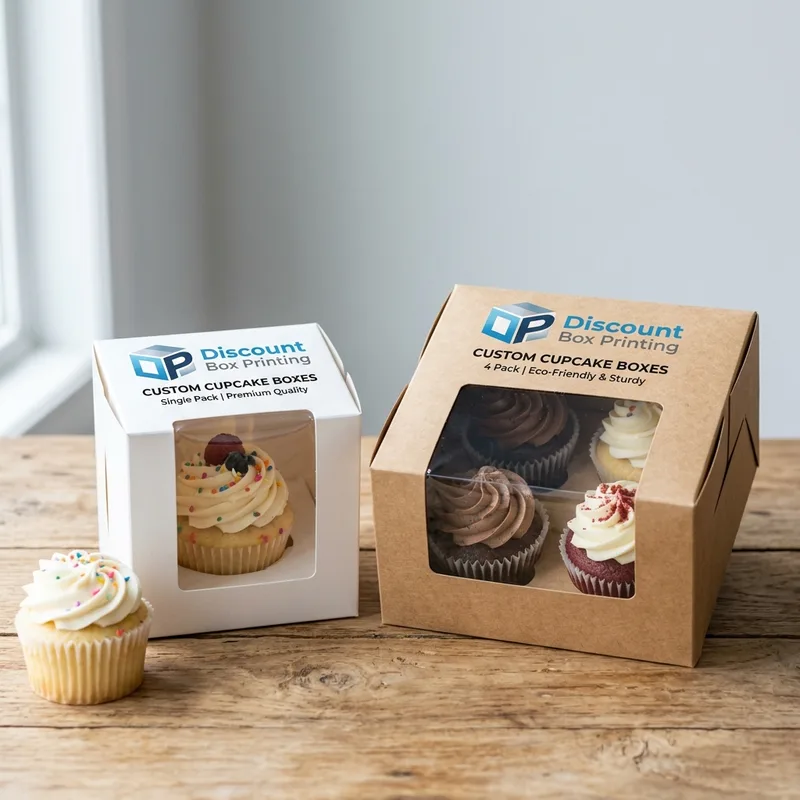 Custom printed bakery boxes with a window holding branded cupcakes