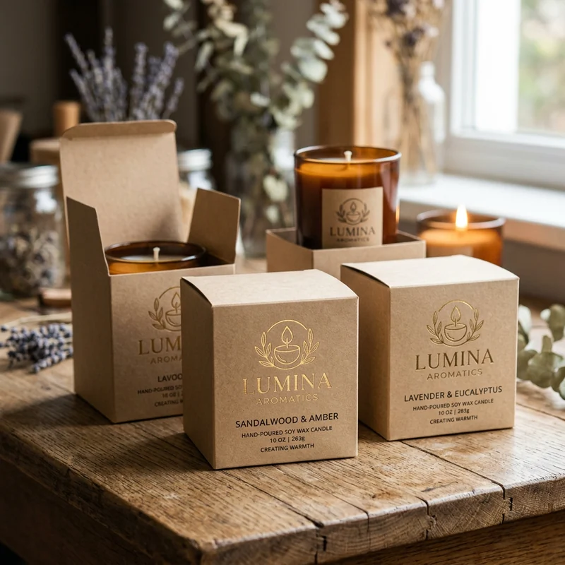 Range of custom candle boxes in rigid, kraft, and window styles