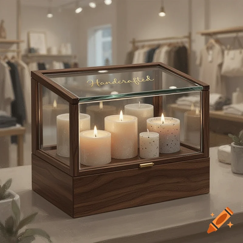 Custom candle display box holding several candles on a retail counter