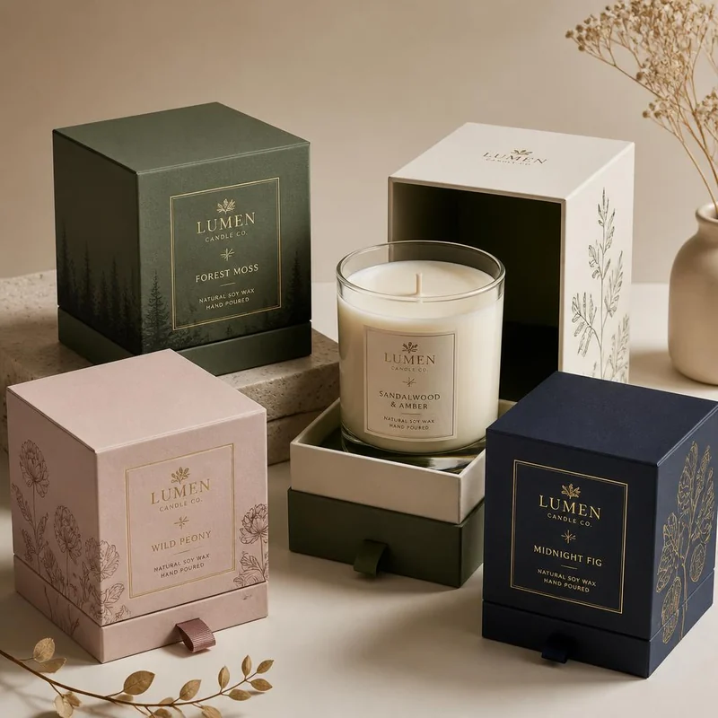 Custom candle packaging box with a fitted insert cradling the jar