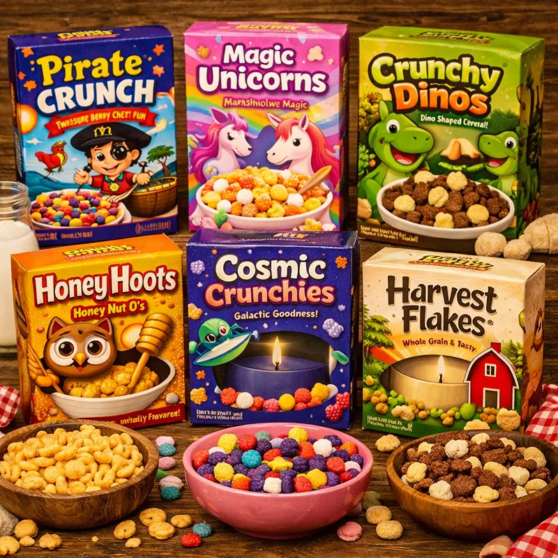 Custom printed cereal boxes on a retail shelf with bold branding