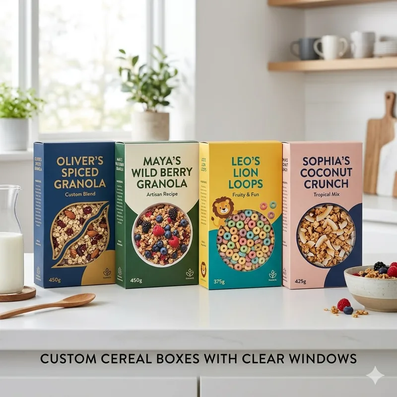 Custom cereal boxes with a clear window showing the product