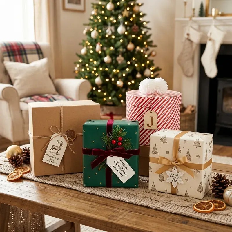 Range of Christmas gift boxes in rigid, kraft, and window styles