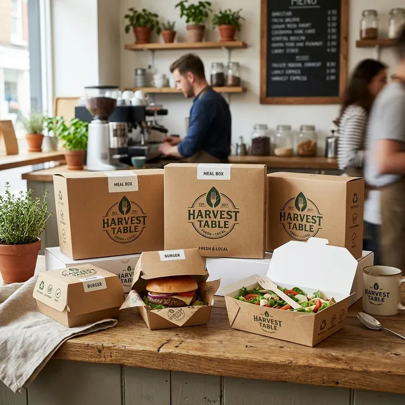 Custom printed food boxes with a restaurant logo holding a takeout meal