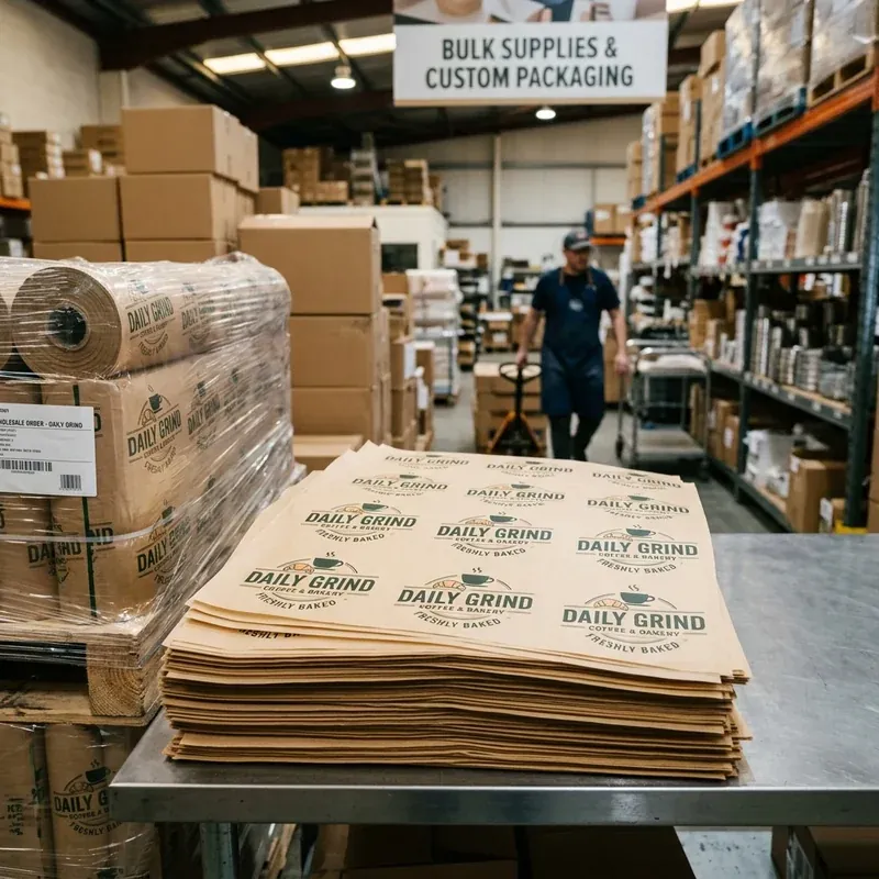 Stacks of custom printed deli and greaseproof wrap sheets