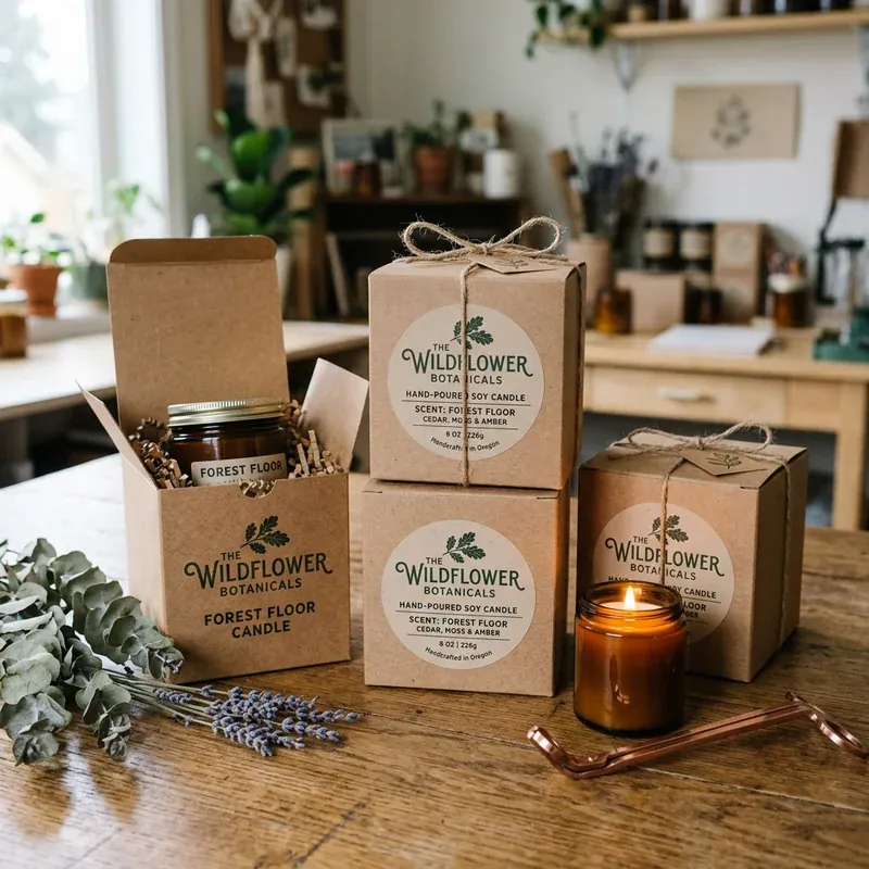 Natural kraft candle boxes printed with a brand logo
