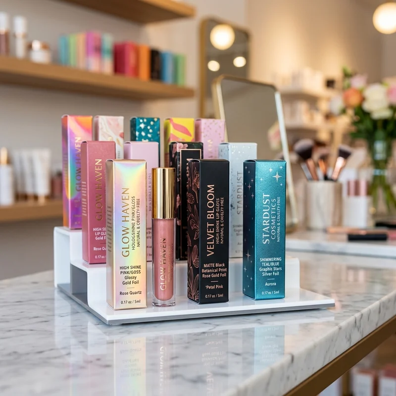Coordinated lipstick and lip gloss packaging for a cosmetic line