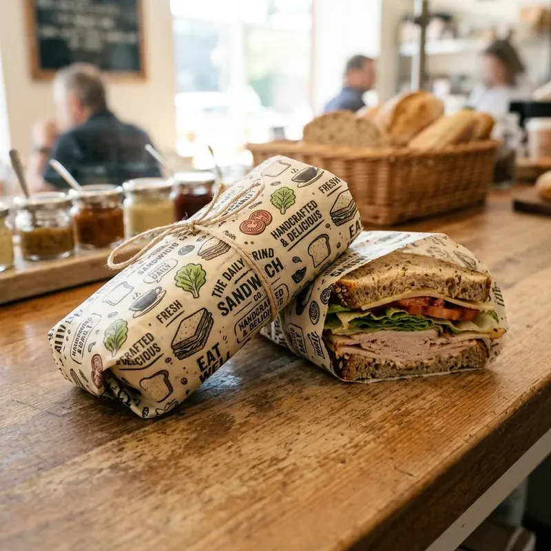 Custom printed sandwich wrap paper with a shop logo around a sandwich