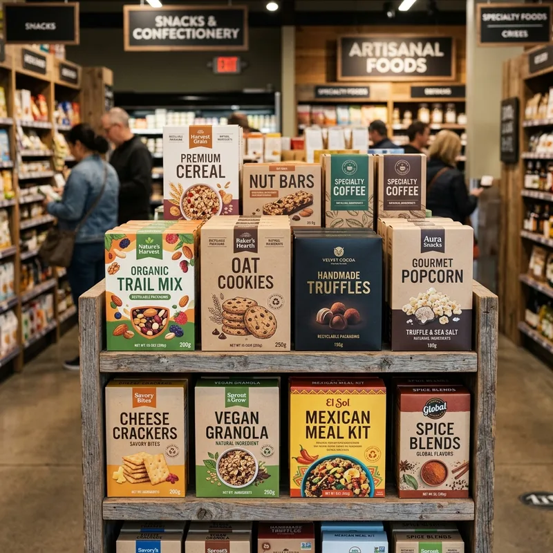 Custom printed snack packaging boxes on a retail shelf