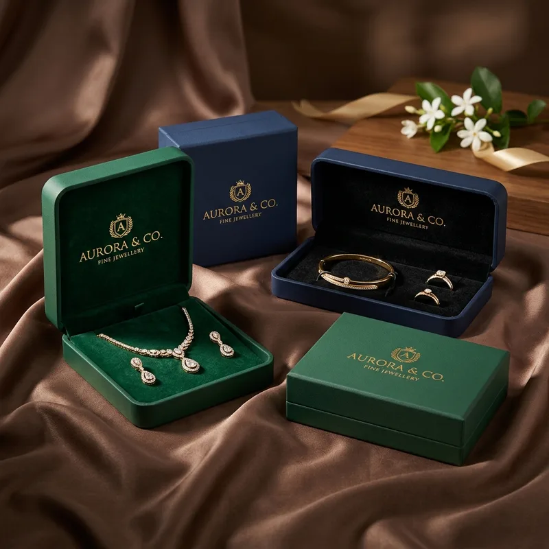 Ring, necklace, and earring boxes with fitted inserts